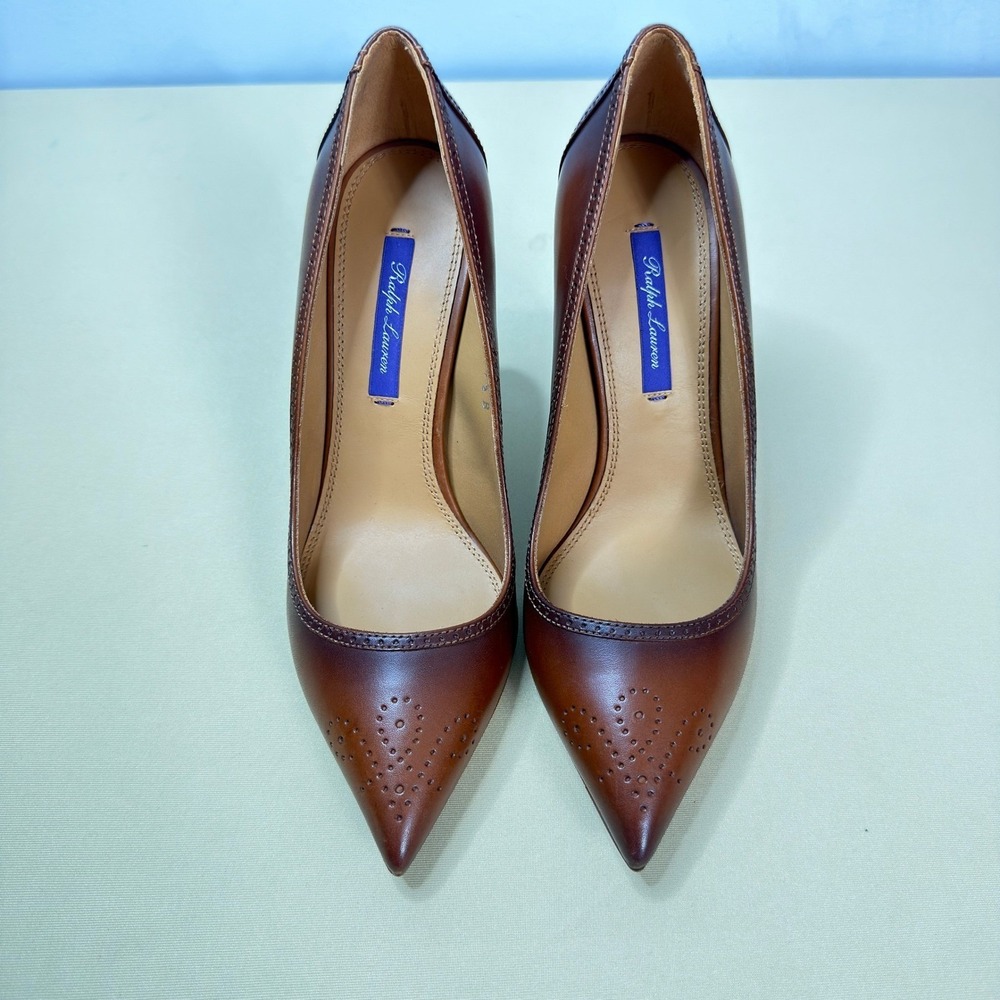 NEW Ralph Lauren Purple Label Sibylle Heels EU37.5 US7.5 Brown Burnished Leather - Picture 2 of 12